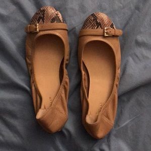 Tan Leather Ballet Flats with Snake Print Accent